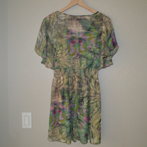 As U Wish Green/Tan/Pink Flutter Sleeve Dress Sz M - Picture 2 of 6